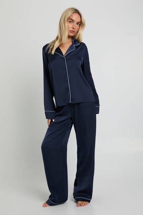 Satin Piping Detail Long Sleeve Shirt & Trousers Pyjama Set - Image 1