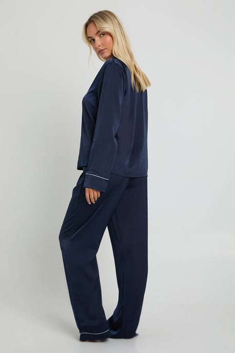 Satin Piping Detail Long Sleeve Shirt & Trousers Pyjama Set - Image 2
