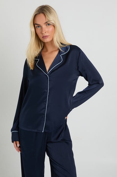 Satin Piping Detail Long Sleeve Shirt & Trousers Pyjama Set - Image 3