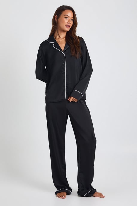 Tall Satin Piping Detail Long Sleeve Shirt & Trousers Pyjama Set - Image 2