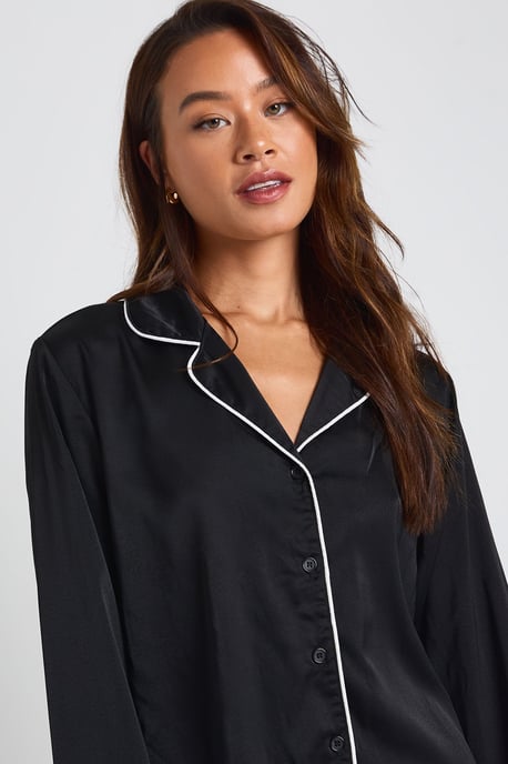 Tall Satin Piping Detail Long Sleeve Shirt & Trousers Pyjama Set - Image 3