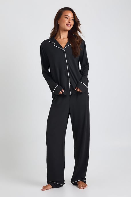 Tall Jersey Piping Detail Long Sleeve Shirt & Trousers Pyjama Set - Image 1