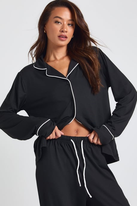 Tall Jersey Piping Detail Long Sleeve Shirt & Trousers Pyjama Set - Image 3