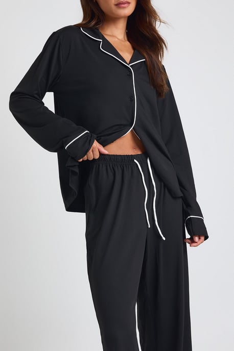 Tall Jersey Piping Detail Long Sleeve Shirt & Trousers Pyjama Set - Image 4