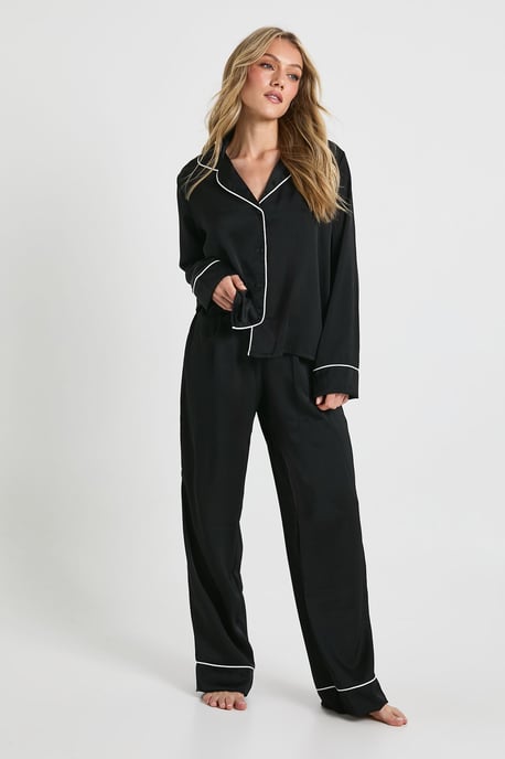 Petite Satin Piping Detail Long Sleeve Shirt & Trousers Pyjama Set - Image 1