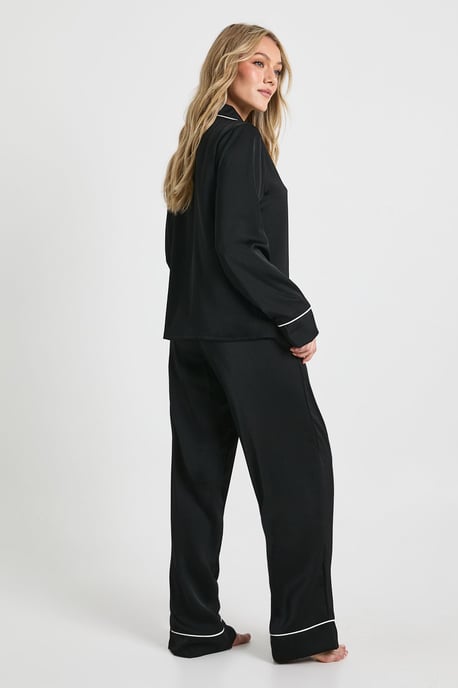 Petite Satin Piping Detail Long Sleeve Shirt & Trousers Pyjama Set - Image 2