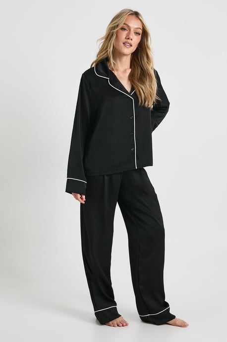 Petite Satin Piping Detail Long Sleeve Shirt & Trousers Pyjama Set - Image 3