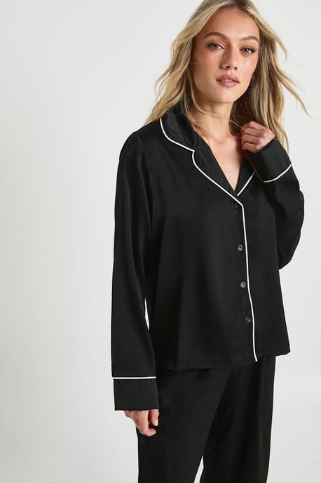 Petite Satin Piping Detail Long Sleeve Shirt & Trousers Pyjama Set - Image 4