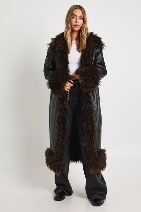 Faux Fur Trim Faux Leather Maxi Coat - Image 1