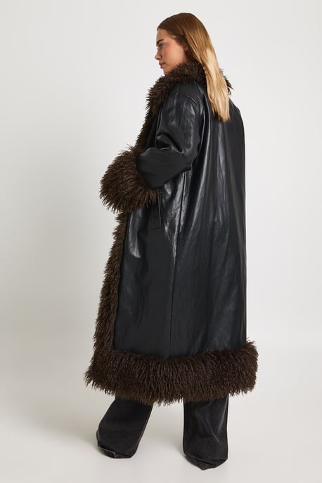 Faux Fur Trim Faux Leather Maxi Coat - Image 2