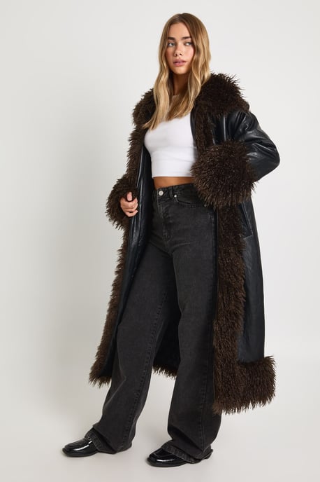 Faux Fur Trim Faux Leather Maxi Coat - Image 3