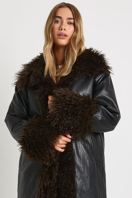 Faux Fur Trim Faux Leather Maxi Coat - Image 4