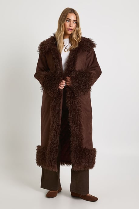 Faux Fur Trim Faux Suede Maxi Coat - Image 1