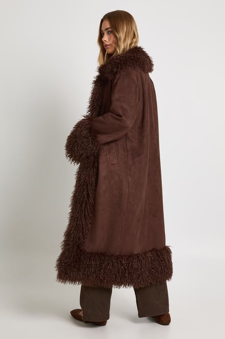 Faux Fur Trim Faux Suede Maxi Coat - Image 2