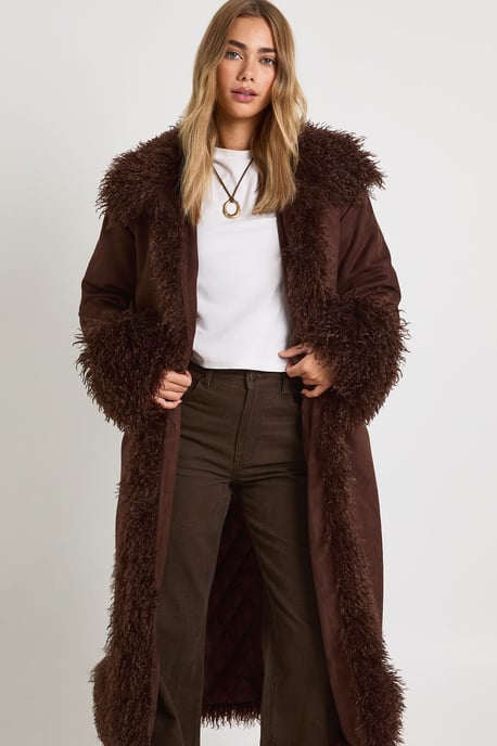 Faux Fur Trim Faux Suede Maxi Coat - Image 4