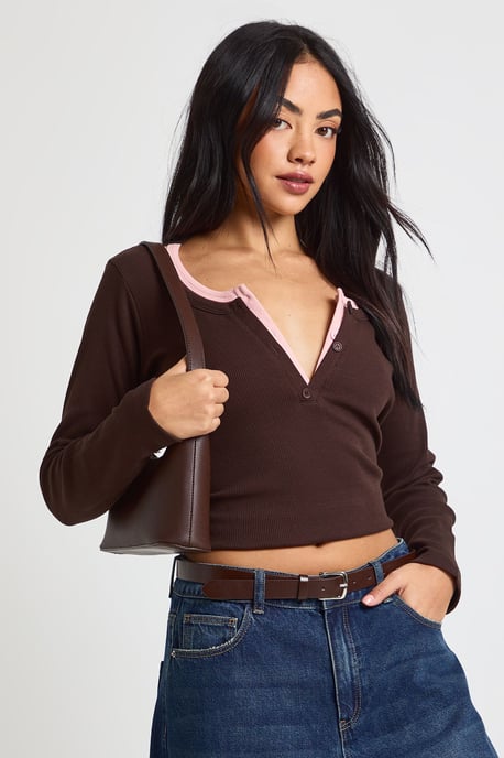Ribbed Contrast Henley Button Long Sleeve Top - Image 1