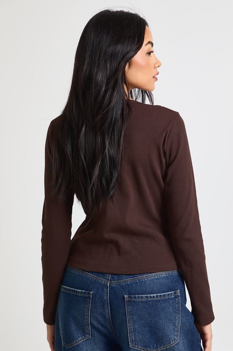 Ribbed Contrast Henley Button Long Sleeve Top - Image 3