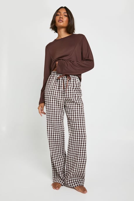 Tall Soft Touch Gingham Long Sleeve Top and Trouser Pjyama Set - Image 1