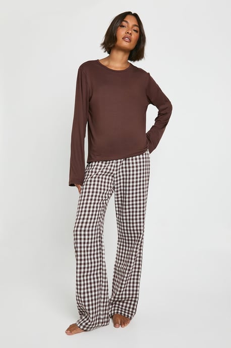 Tall Soft Touch Gingham Long Sleeve Top and Trouser Pjyama Set - Image 3