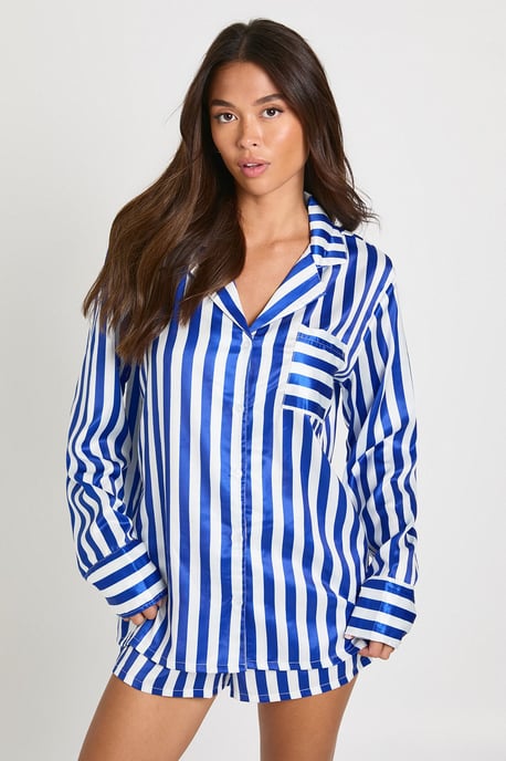 Oversized Contrast Stripe Pyjama Shirt & Short Set - Image 1