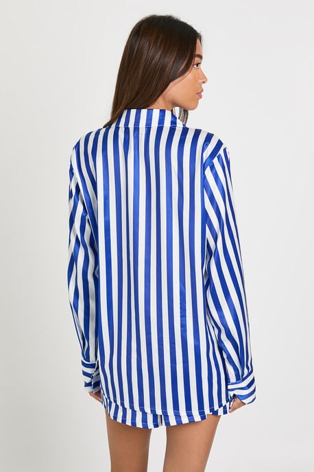 Oversized Contrast Stripe Pyjama Shirt & Short Set - Image 2