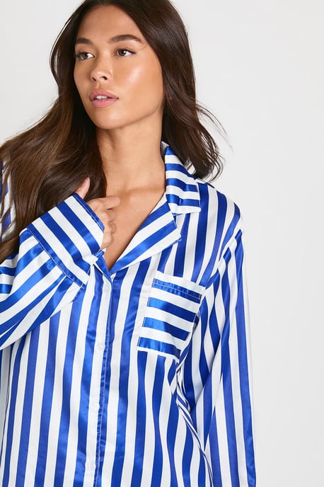 Oversized Contrast Stripe Pyjama Shirt & Short Set - Image 4