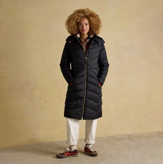 Joules Pembury Womens Showerproof Longline Padded Coat With Hood Black - Image 2