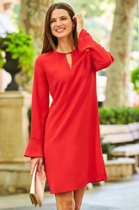 Red Gold Tab Detail Fluted Sleeve Shift Dress - Image 1