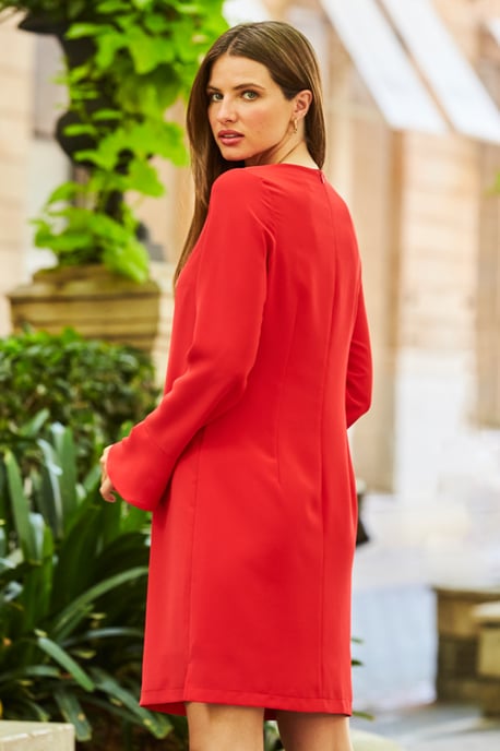Red Gold Tab Detail Fluted Sleeve Shift Dress - Image 3