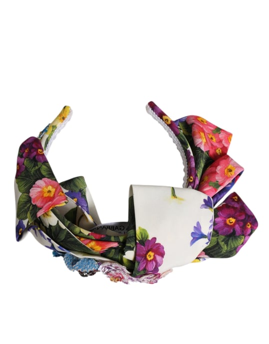 Vit flerfärgad blommig sidenhårband med kristalldekorationer - Image 4