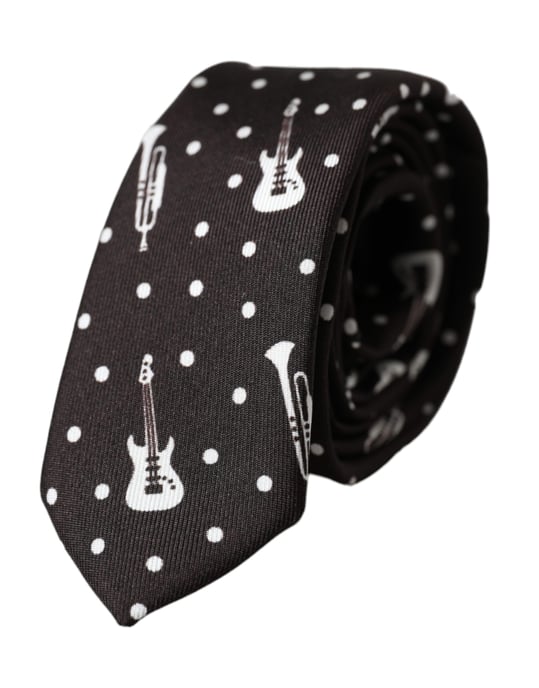 Black Guitar Print Silk Adjustable Tie - Image 1