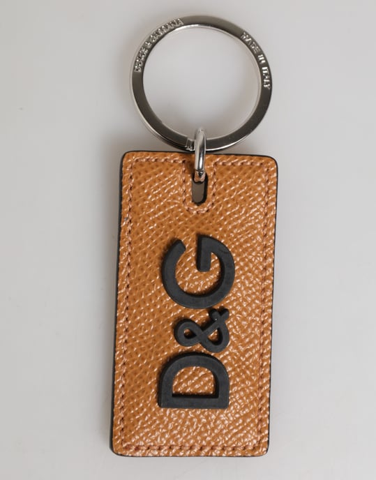 Brown Leather Logo Metal Ring Keychain Holder Men Keyring - Image 1