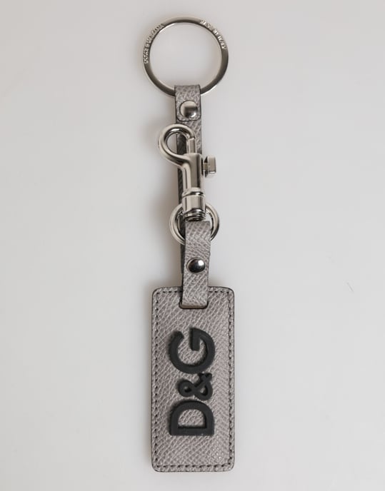 Gray Leather Logo Metal Ring Keychain Holder Men Keyring - Image 1