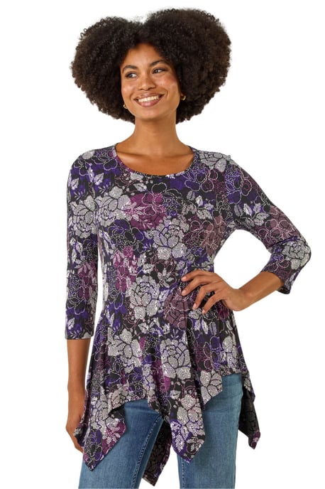 Floral Puff Print Hanky Hem Top - Image 1