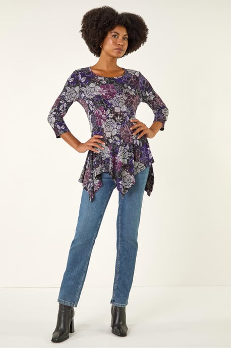 Floral Puff Print Hanky Hem Top - Image 2