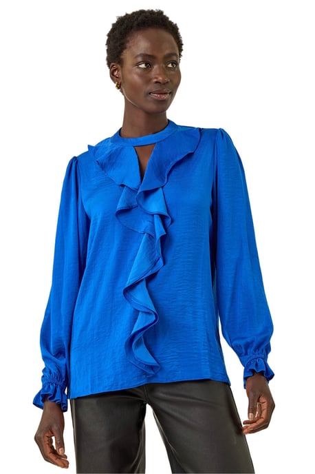 Ruffle Front Keyhole Satin Top - Image 1