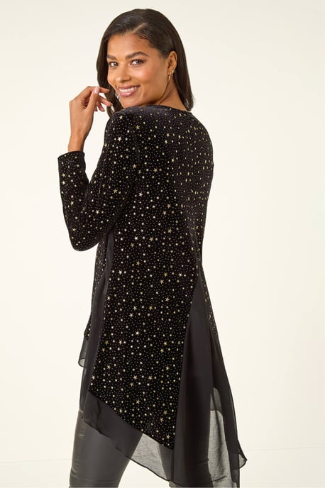 Star Print Velvet Chiffon Hem Top - Image 3