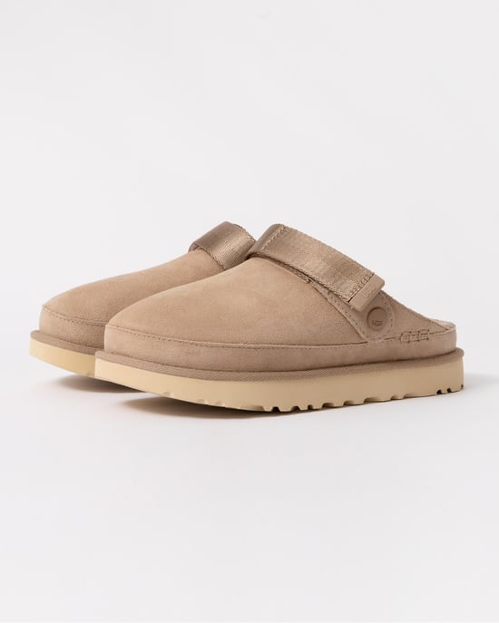 Womens Suede Clogs with Strap in Beige - Image 1