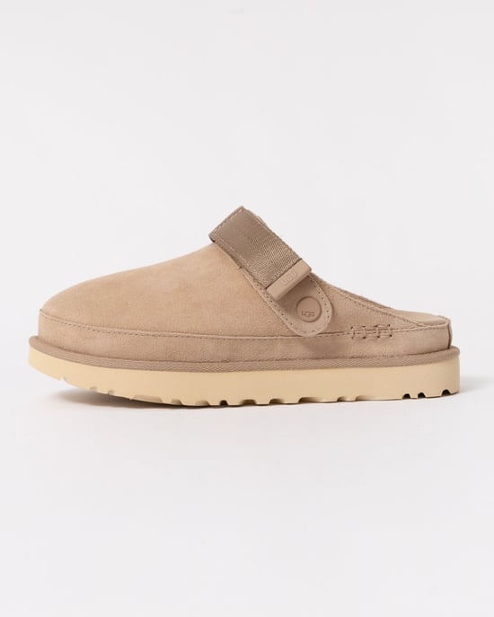 Womens Suede Clogs with Strap in Beige - Image 2