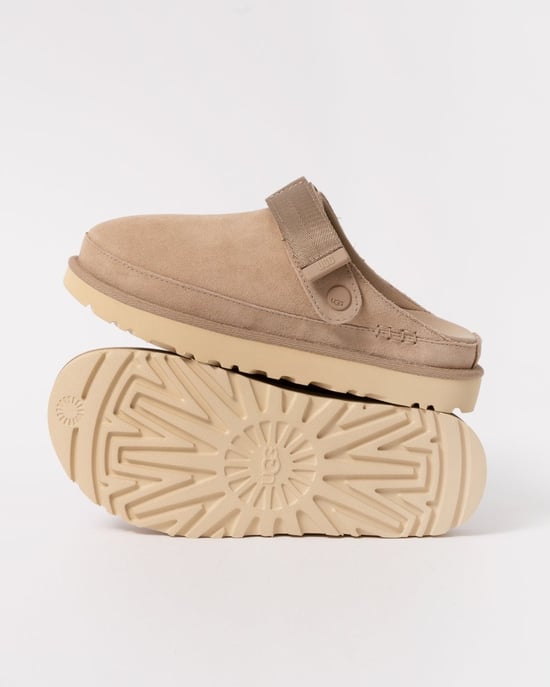 Womens Suede Clogs with Strap in Beige - Image 5