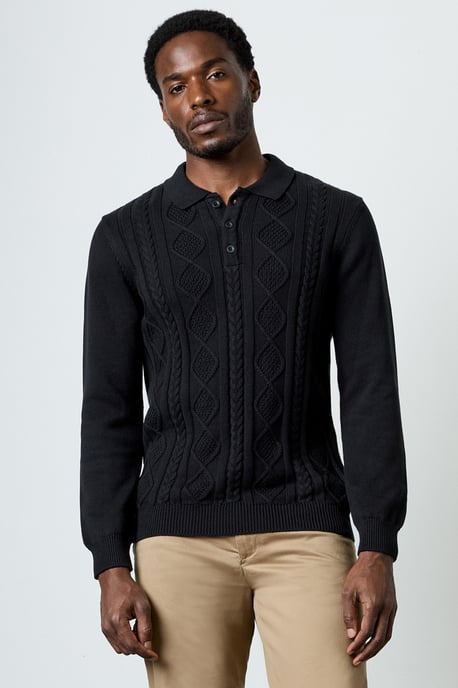 Black Cotton Nylon Blend Cable Knit Long Sleeve Polo Jumper - Image 1