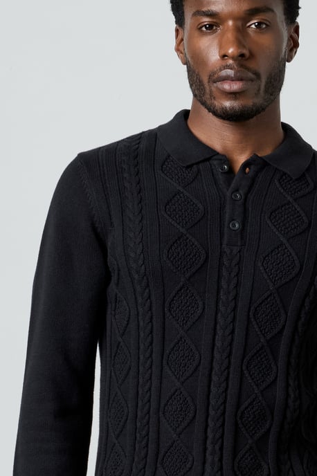 Black Cotton Nylon Blend Cable Knit Long Sleeve Polo Jumper - Image 3
