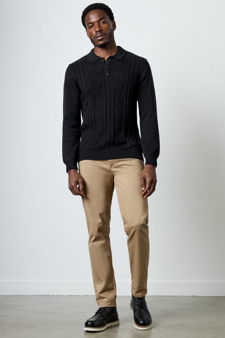 Black Cotton Nylon Blend Cable Knit Long Sleeve Polo Jumper - Image 4