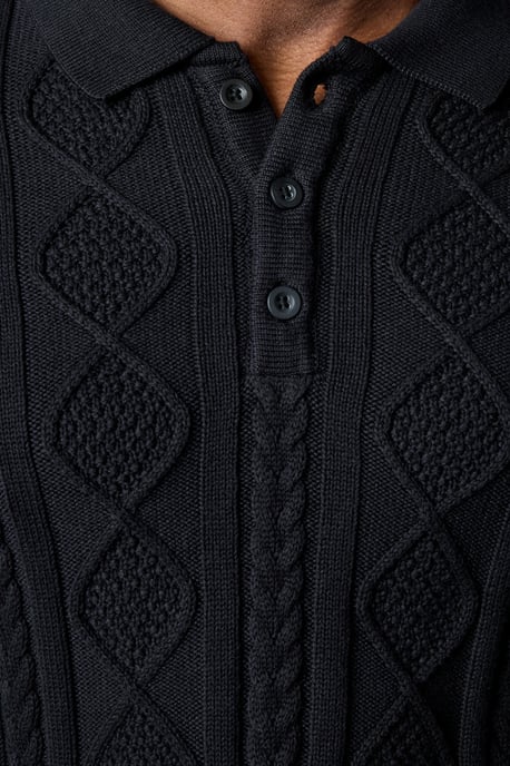 Black Cotton Nylon Blend Cable Knit Long Sleeve Polo Jumper - Image 5