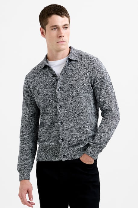 Grey Cotton Blend Melange Knitted Button-Up Polo Jumper - Image 1