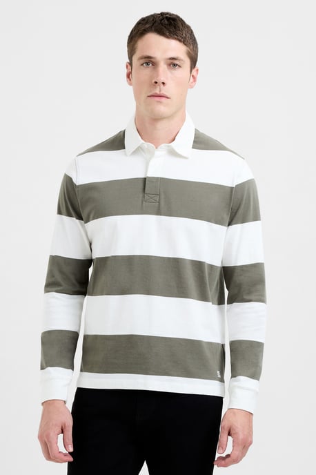 Light Green Cotton Striped Rugby-Style Long Sleeve Polo Shirt - Image 1