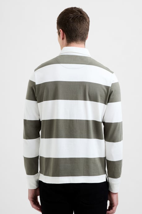 Light Green Cotton Striped Rugby-Style Long Sleeve Polo Shirt - Image 2