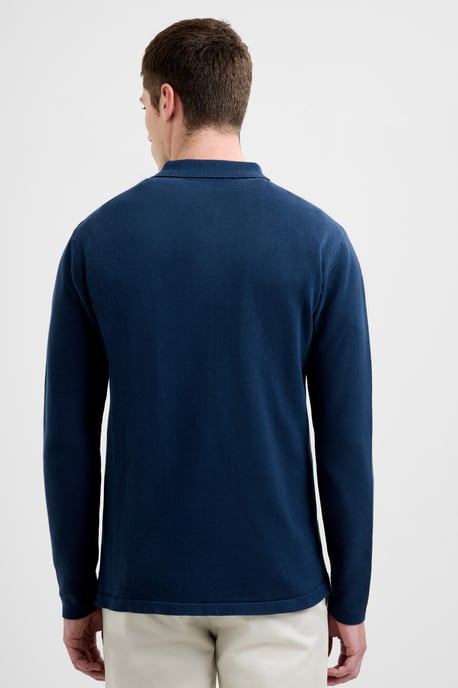 Dark Blue Cotton Long Sleeve Box Knit Button Collar Polo Shirt - Image 2