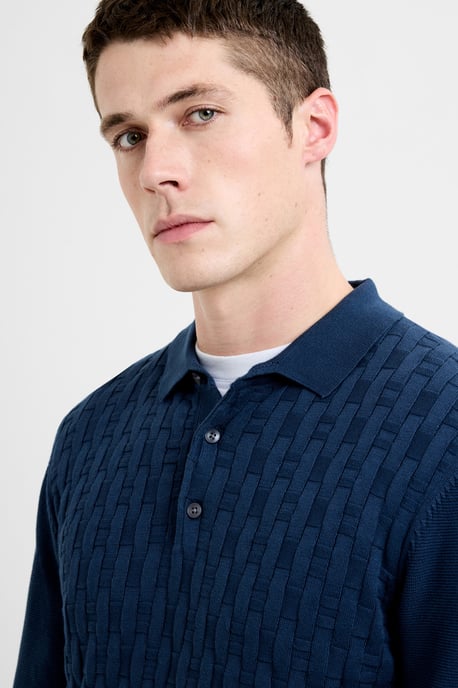 Dark Blue Cotton Long Sleeve Box Knit Button Collar Polo Shirt - Image 3