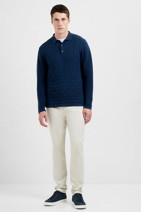 Dark Blue Cotton Long Sleeve Box Knit Button Collar Polo Shirt - Image 4